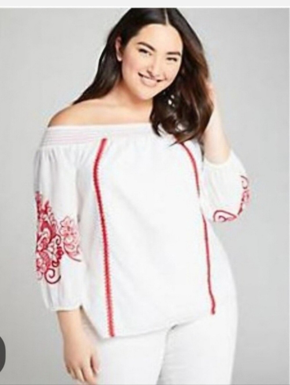 Lane Bryant White Off-Shoulder Top with Red Embroidery Sz 18